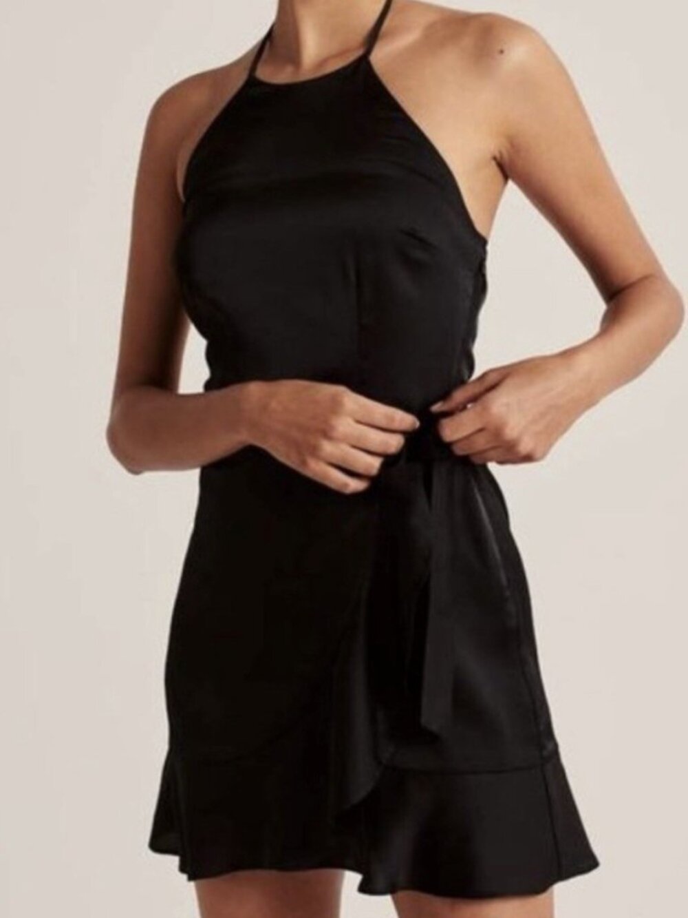 NWT Abercrombie & Fitch Black Halter Faux Wrap Tie Side Mini Dress sz Small